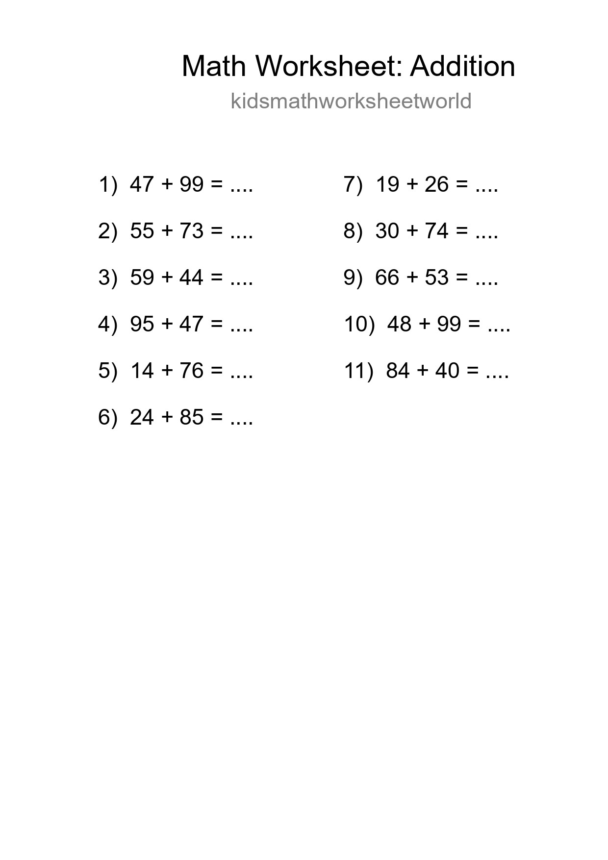 Printable Free 11 Addition Math Worksheet For Grade 3 - Part 67