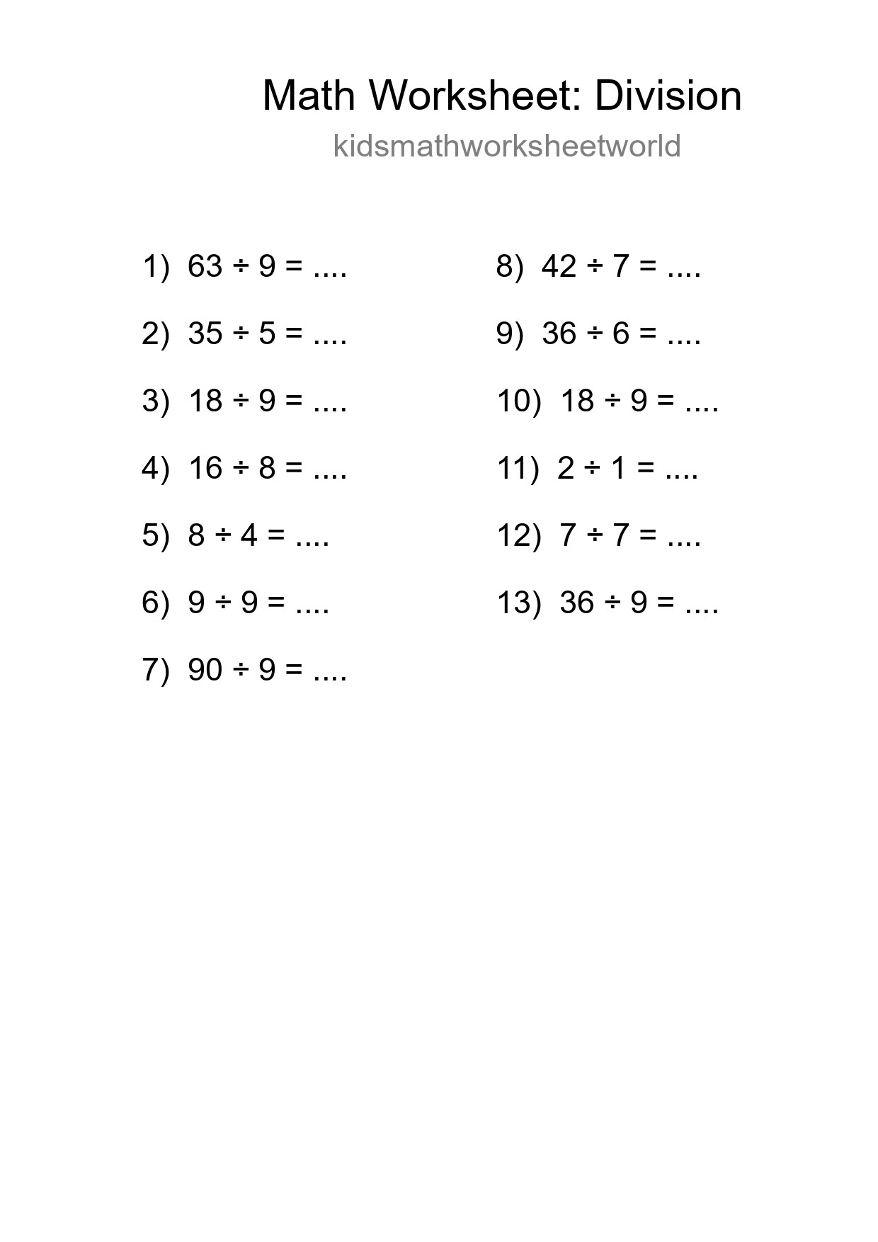 Printable Free 13 Division Math Worksheet For Grade 1 - Part 4