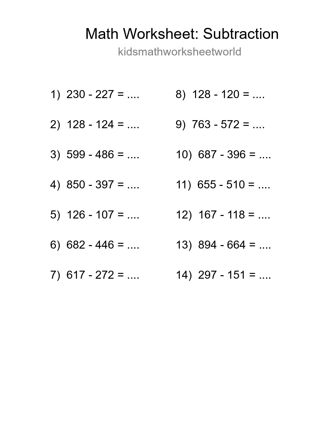 Printable Free 14 Subtraction Math Worksheet For Grade 5 - Part 8