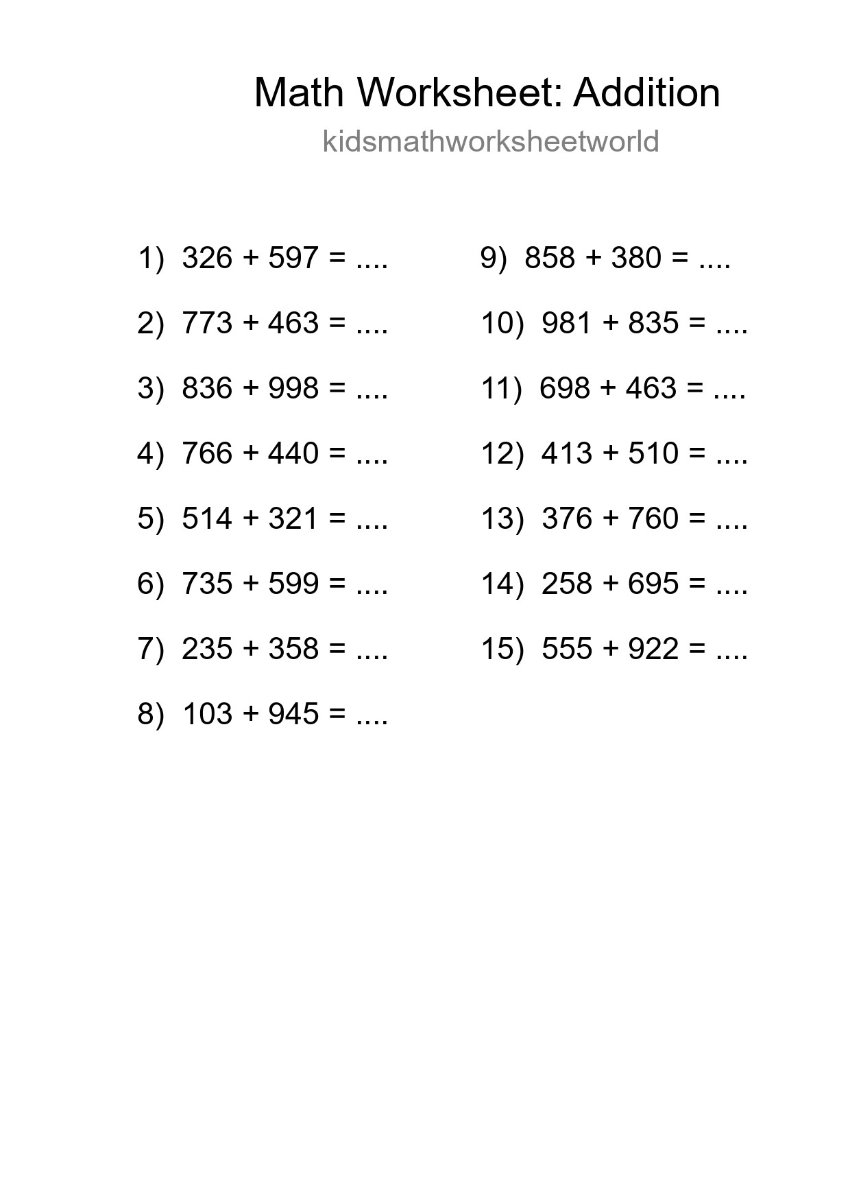 Printable Free 15 Addition Math Worksheet For Grade 5