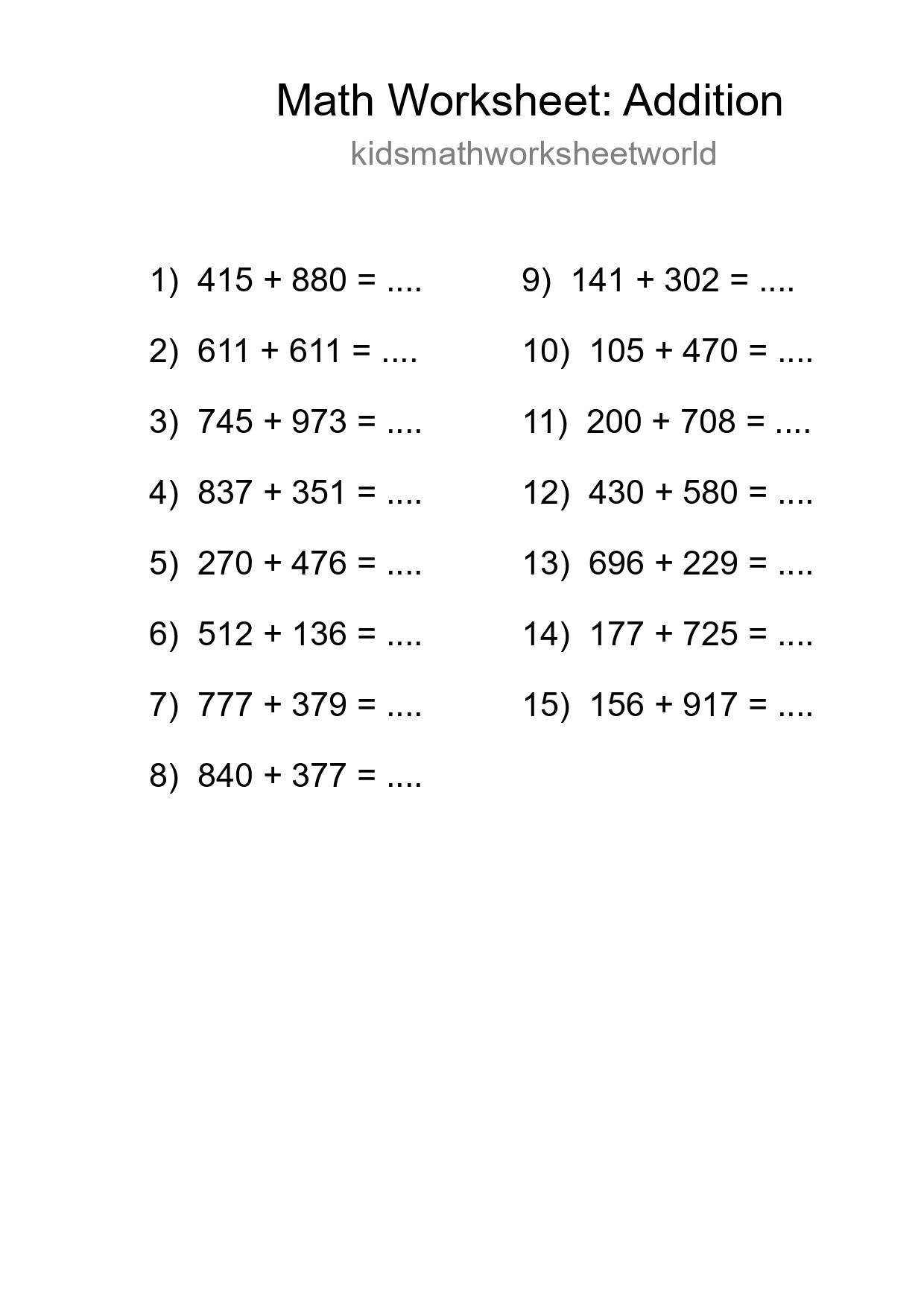 Printable Free 15 Addition Math Worksheet For Grade 5 - Part 56