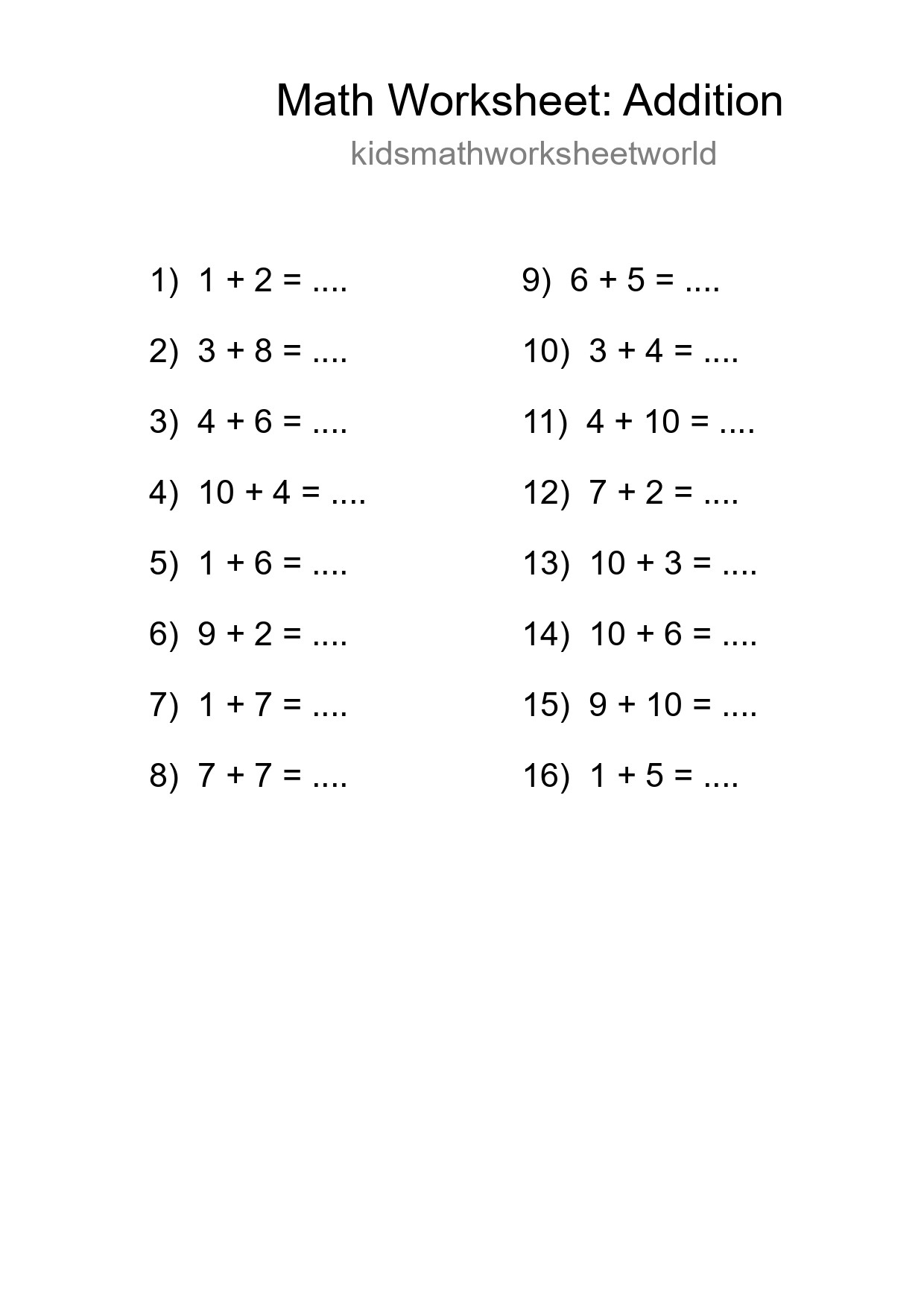 Printable Free 16 Addition Math Worksheet For Grade 1 - Part 210