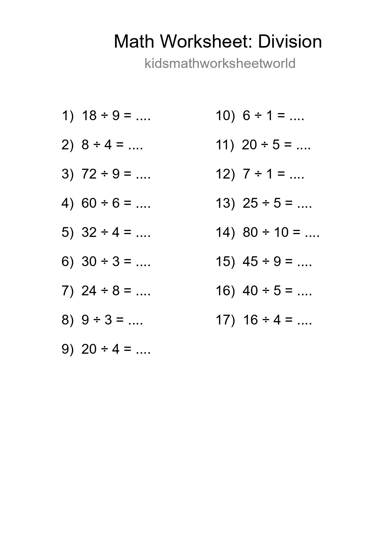 Printable Free 17 Division Math Worksheet For Grade 1 - Part 180