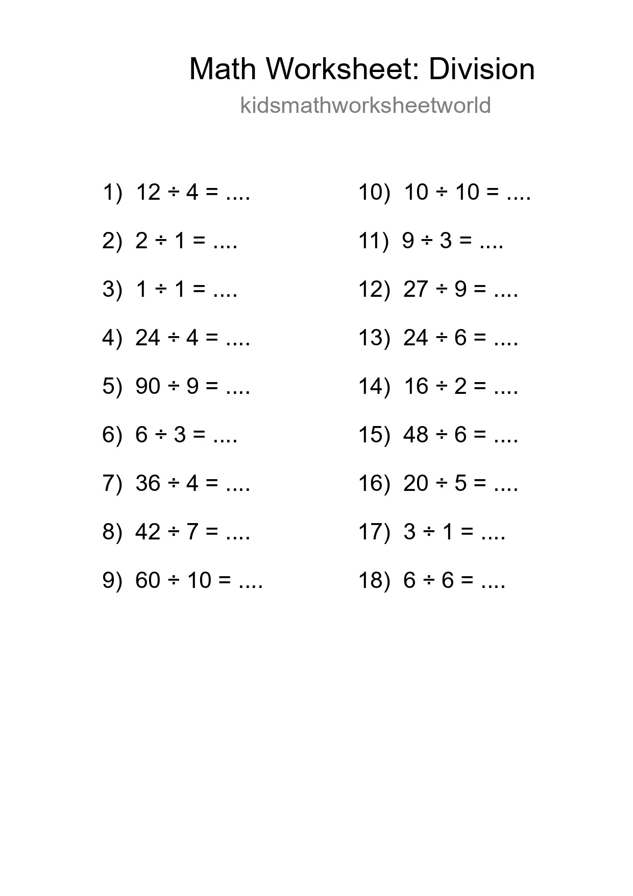 Printable Free 18 Division Math Worksheet For Grade 1 - Part 246
