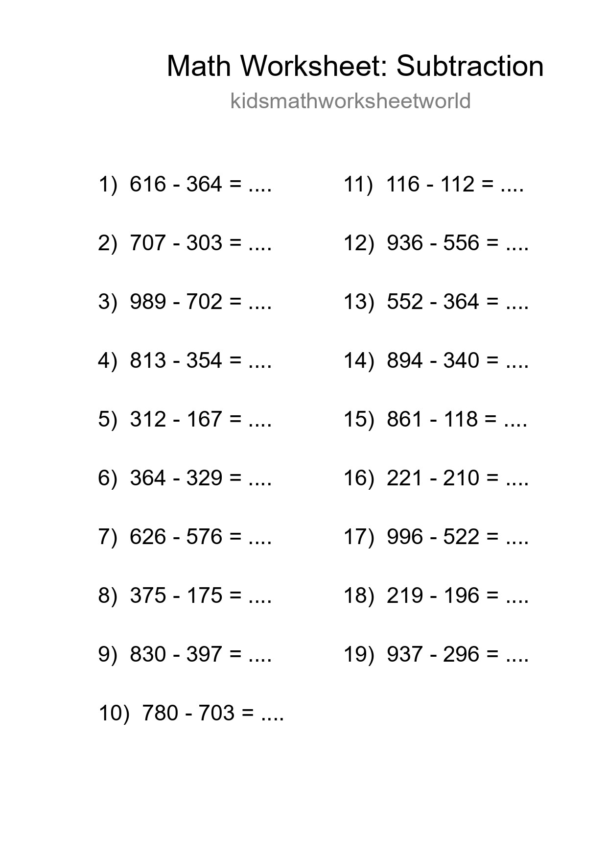 Printable Free 19 Subtraction Math Worksheet For Grade 5 - Part 129