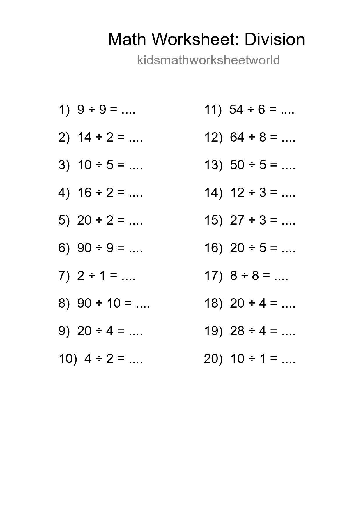 Printable Free 20 Division Math Worksheet For Grade 1 - Part 290