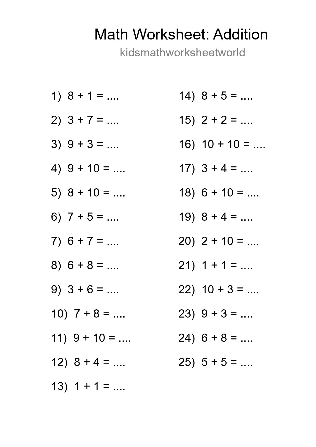 Printable Free 25 Addition Math Worksheet For Grade 1 - Part 34