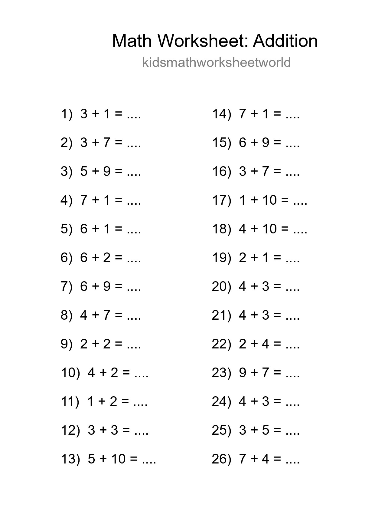 Printable Free 26 Addition Math Worksheet For Grade 1 - Part 111