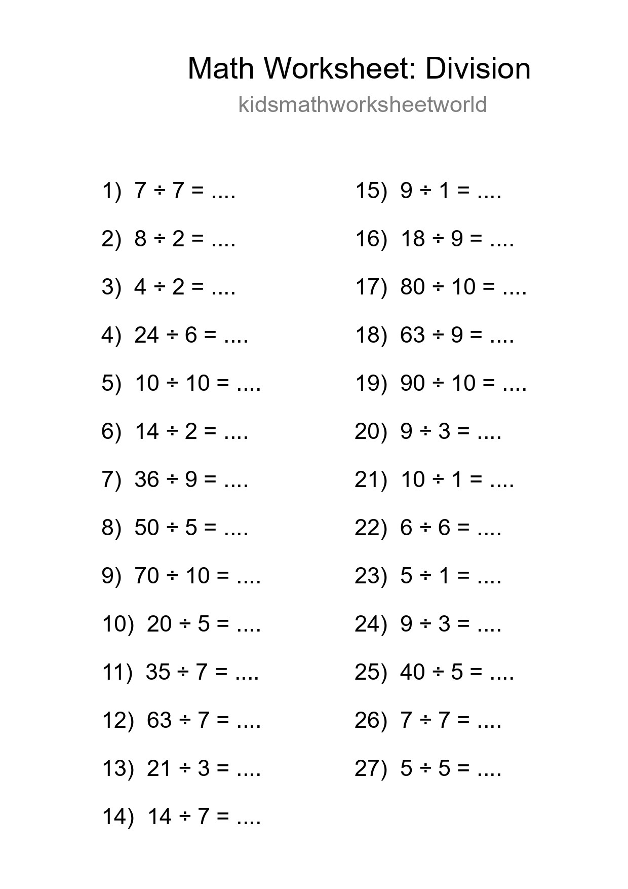 Printable Free 27 Division Math Worksheet For Grade 1 - Part 26